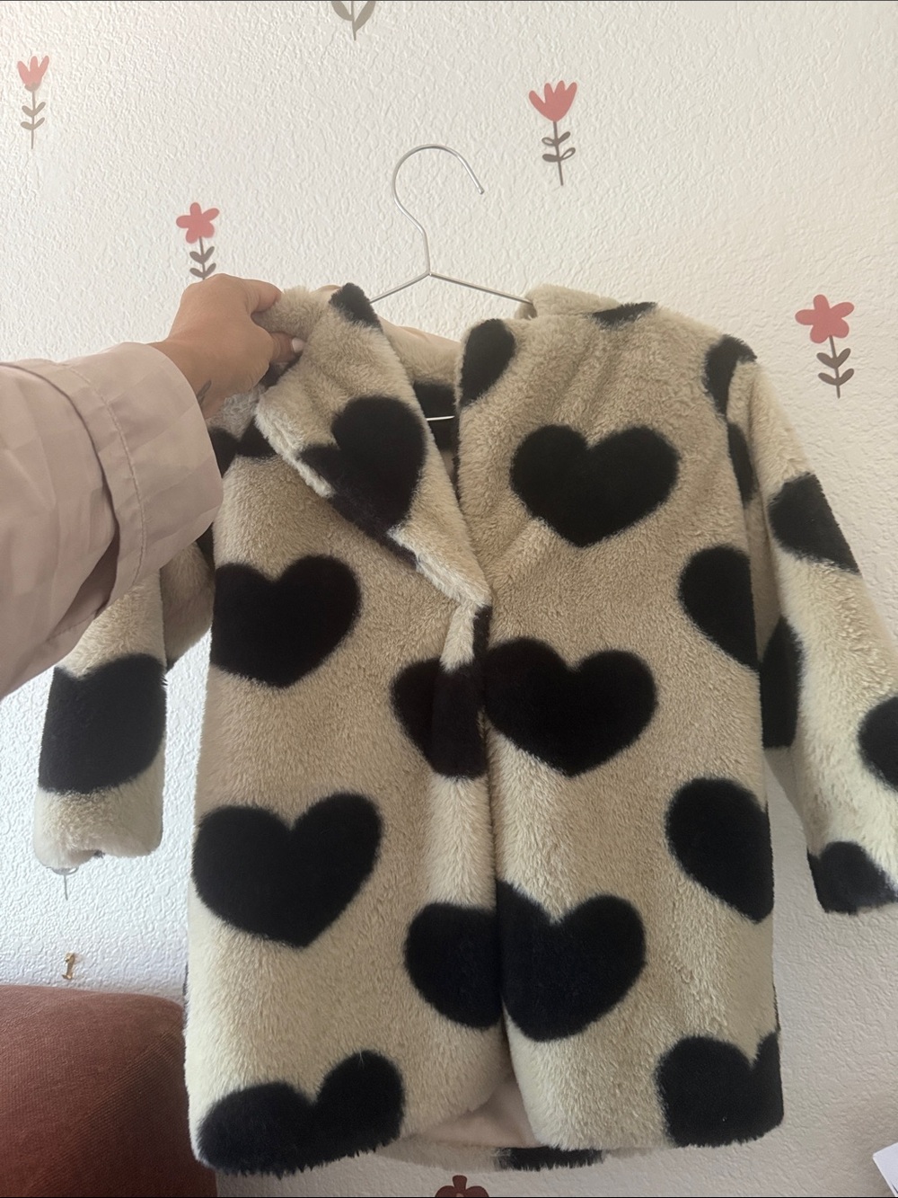 Kids Heart Print Faux Fur Coat - Black Hearts on Cream